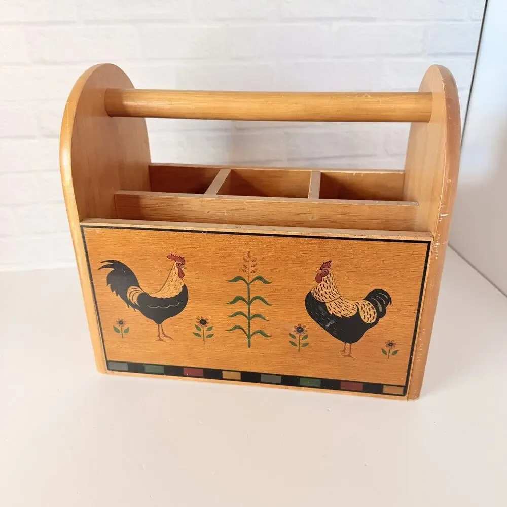 Vtg Kamenstein Wood Holder Silverware Utensil Caddy Chicken Rooster Cottage Core